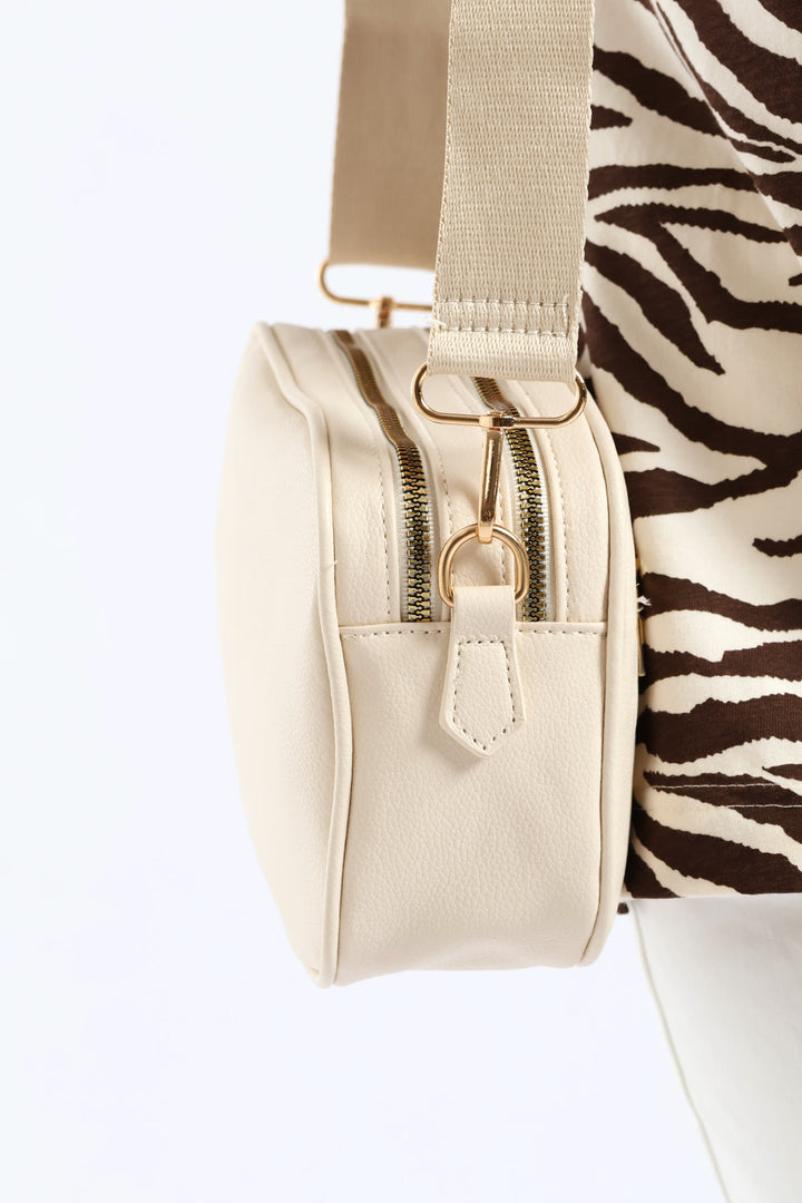 Double Top Zip Webbing Strap Camera Bag - Beige