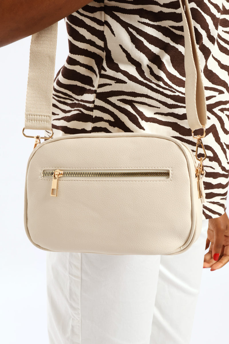 Double Top Zip Webbing Strap Camera Bag - Beige