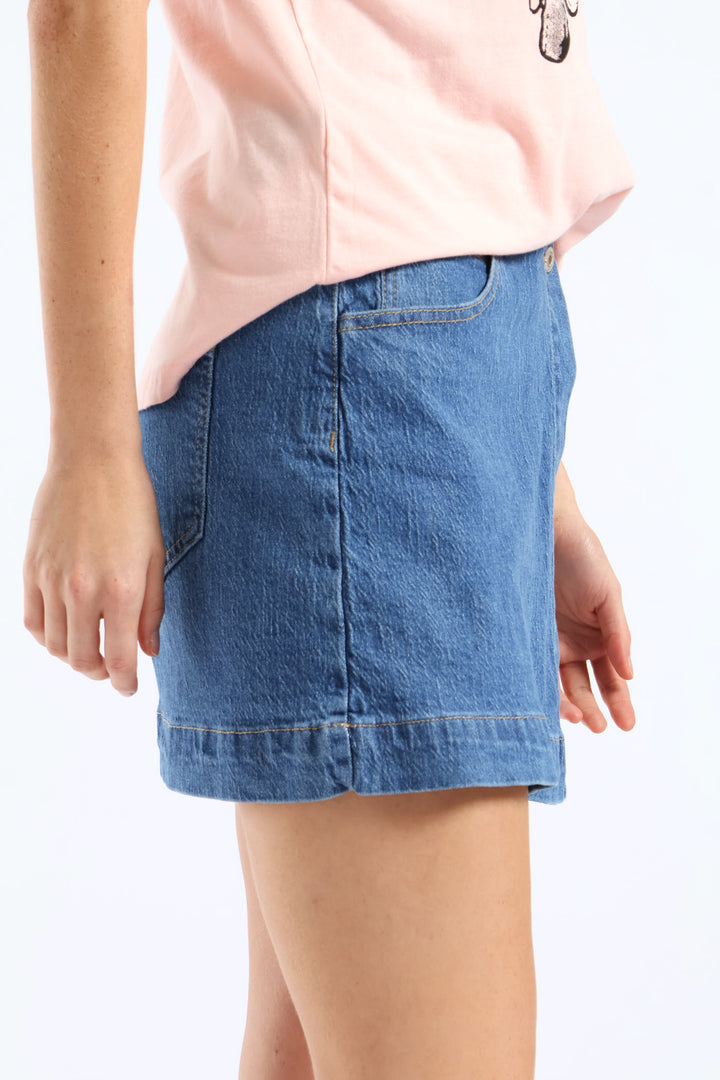Elasticated Waistband Mid Thigh Denim Skort - Medium Wash