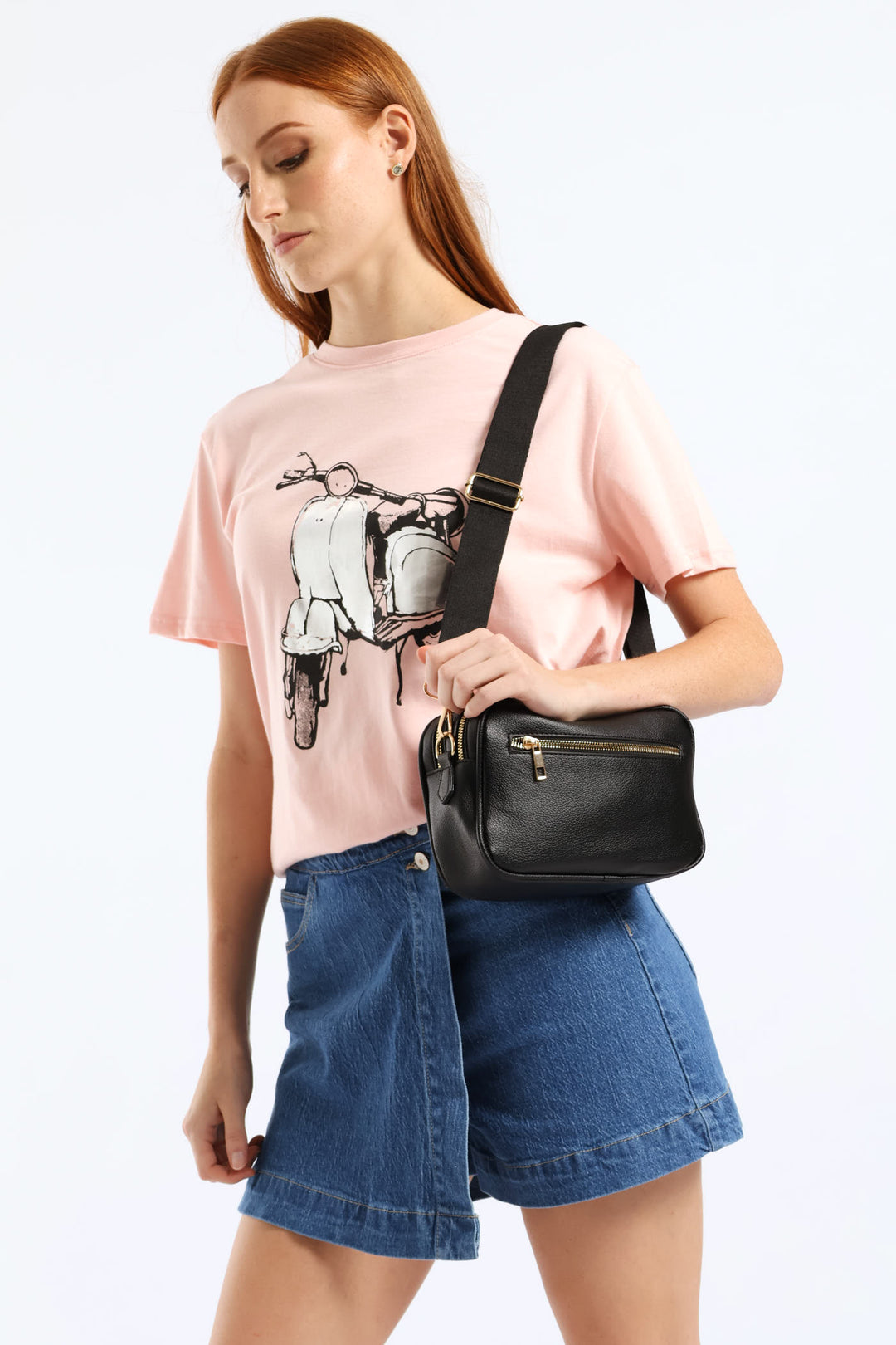 Double Top Zip Webbing Strap Camera Bag - Black