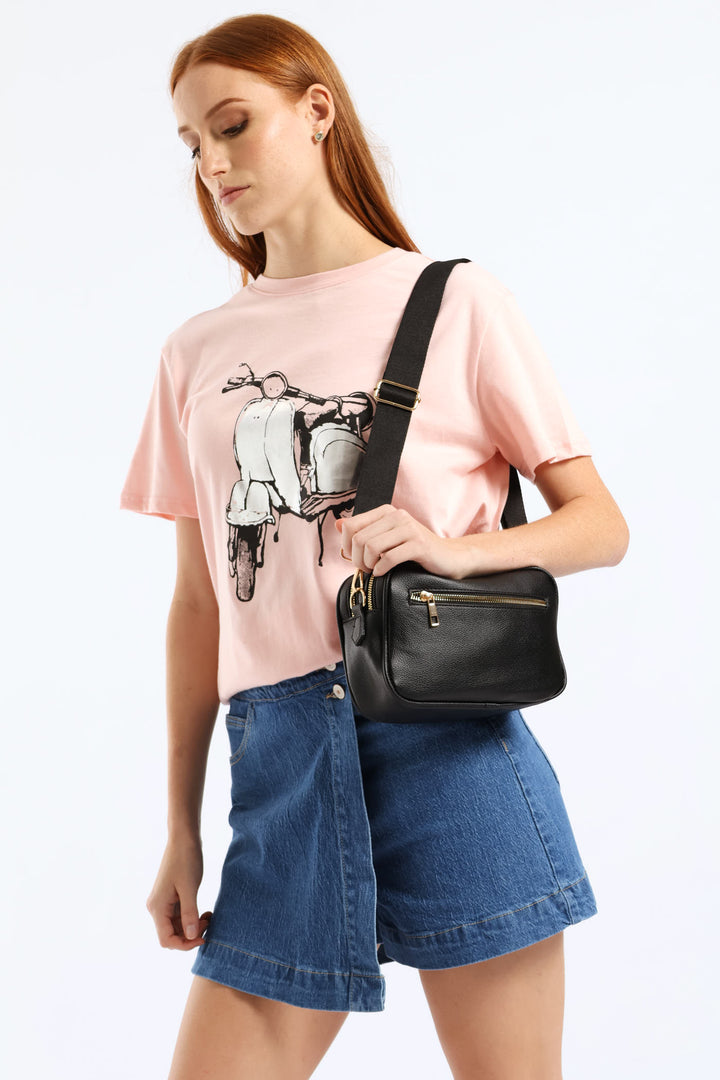 Double Top Zip Webbing Strap Camera Bag - Black