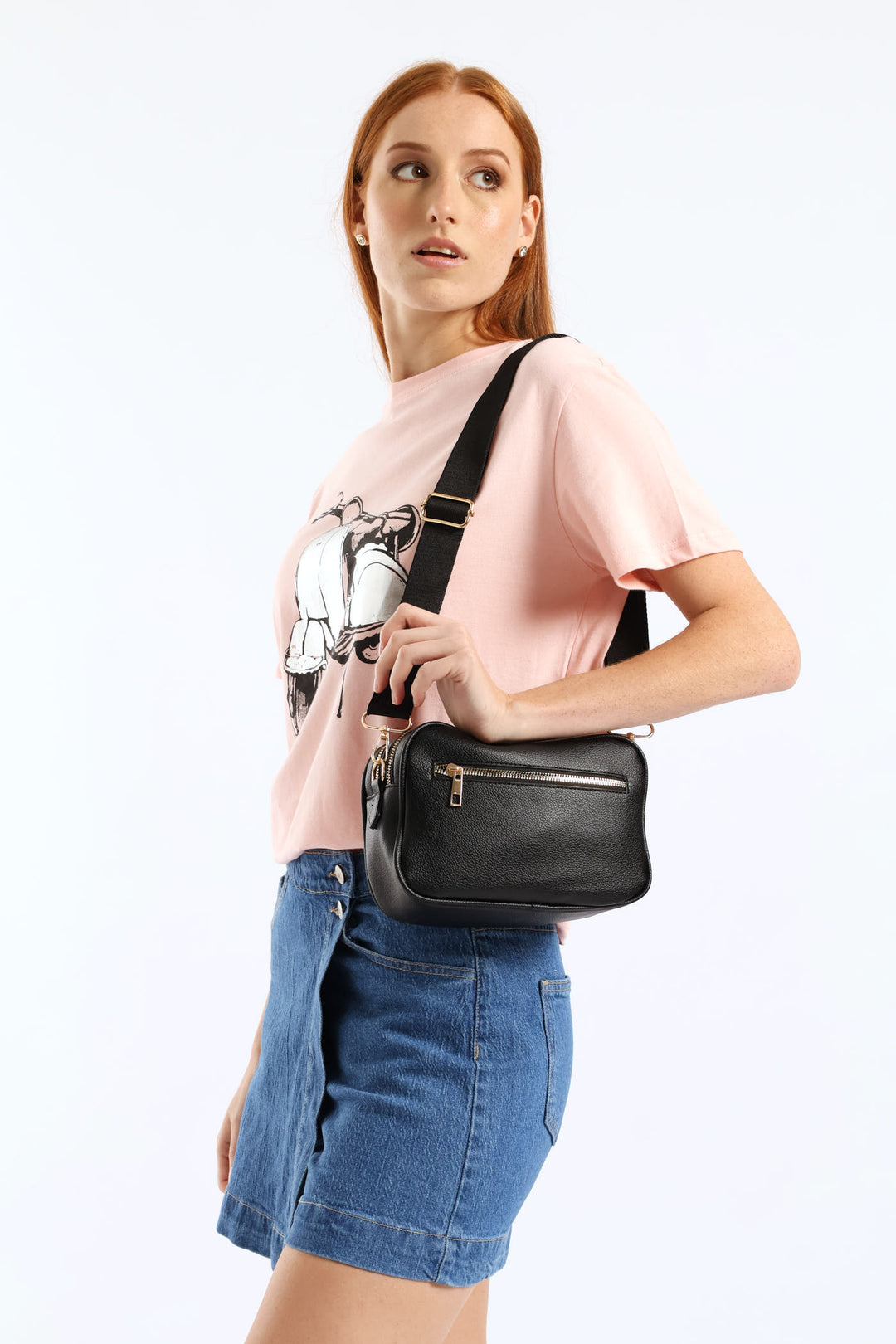 Double Top Zip Webbing Strap Camera Bag - Black