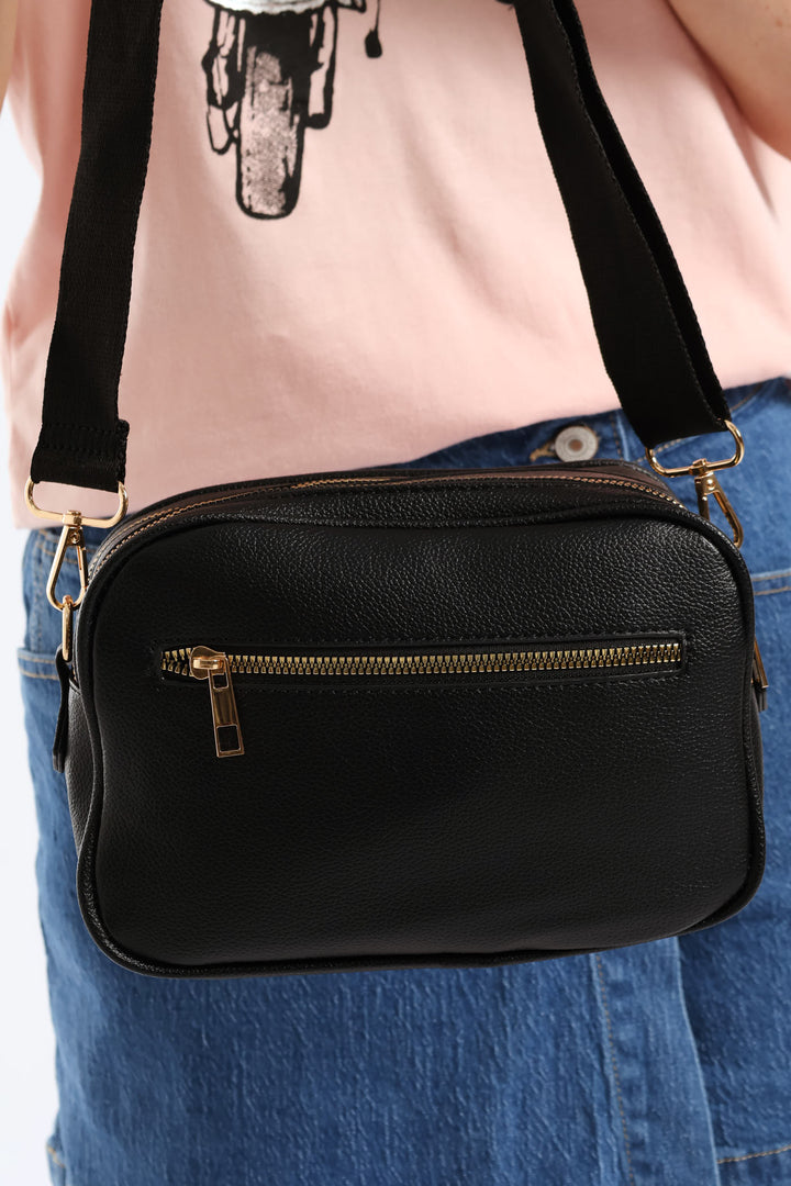 Double Top Zip Webbing Strap Camera Bag - Black