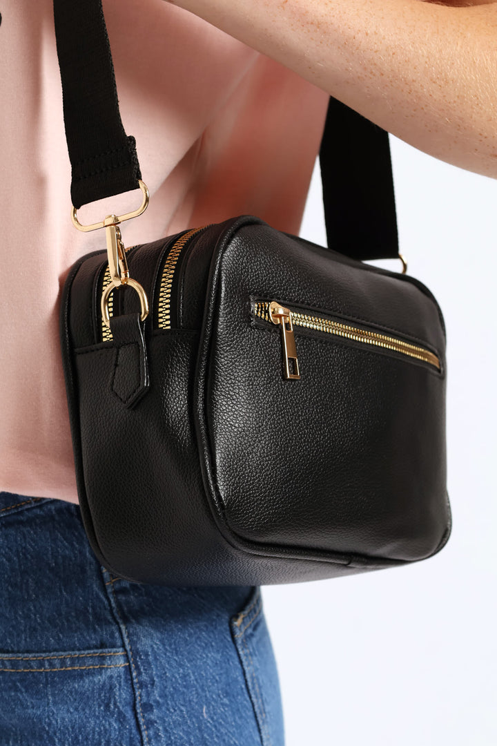 Double Top Zip Webbing Strap Camera Bag - Black