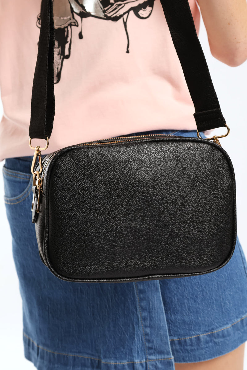 Double Top Zip Webbing Strap Camera Bag - Black