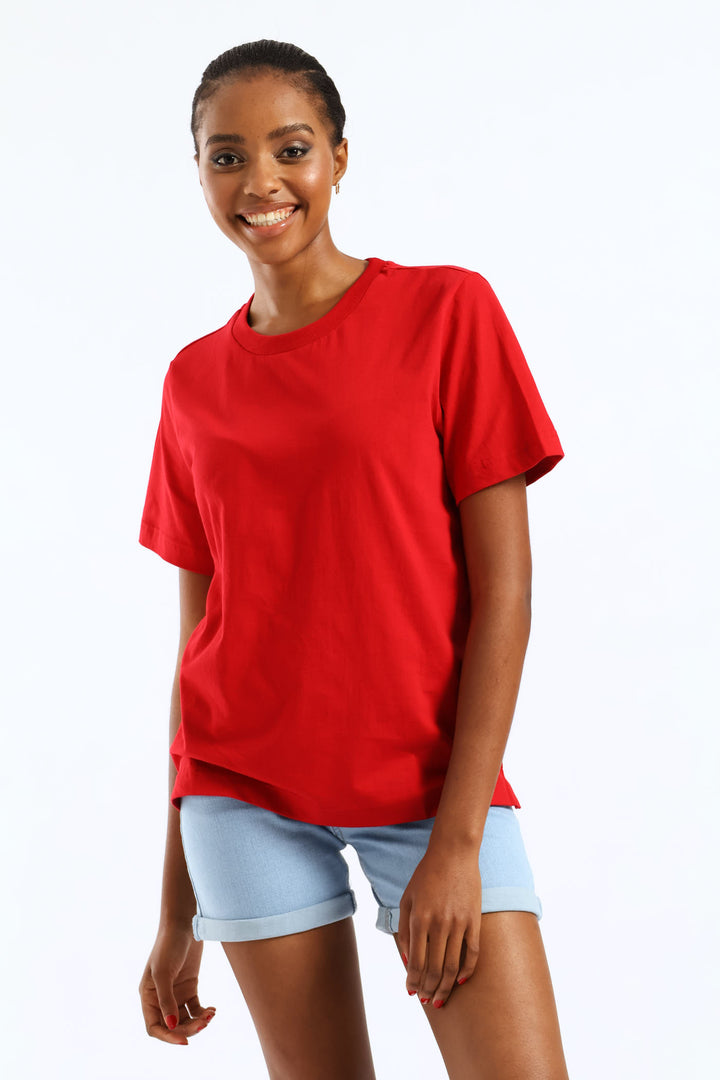 Rib Neck Boxy Tee - Red
