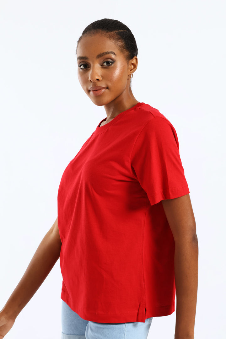 Rib Neck Boxy Tee - Red