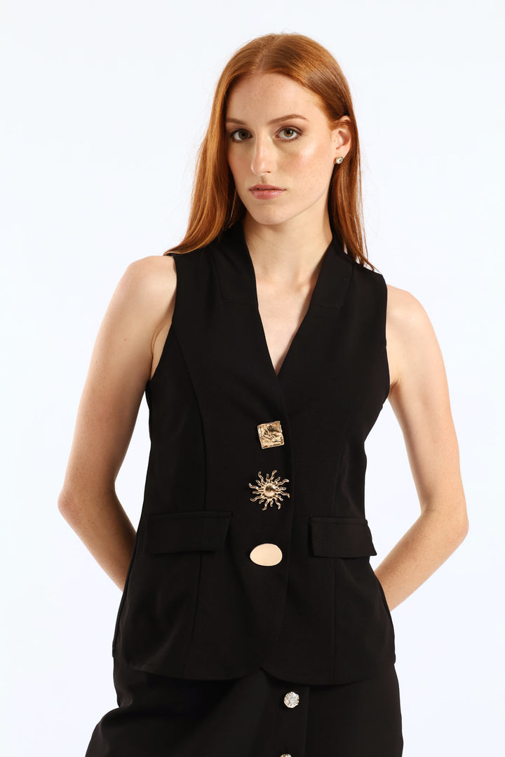 Fancy Button Waistcoat - Black
