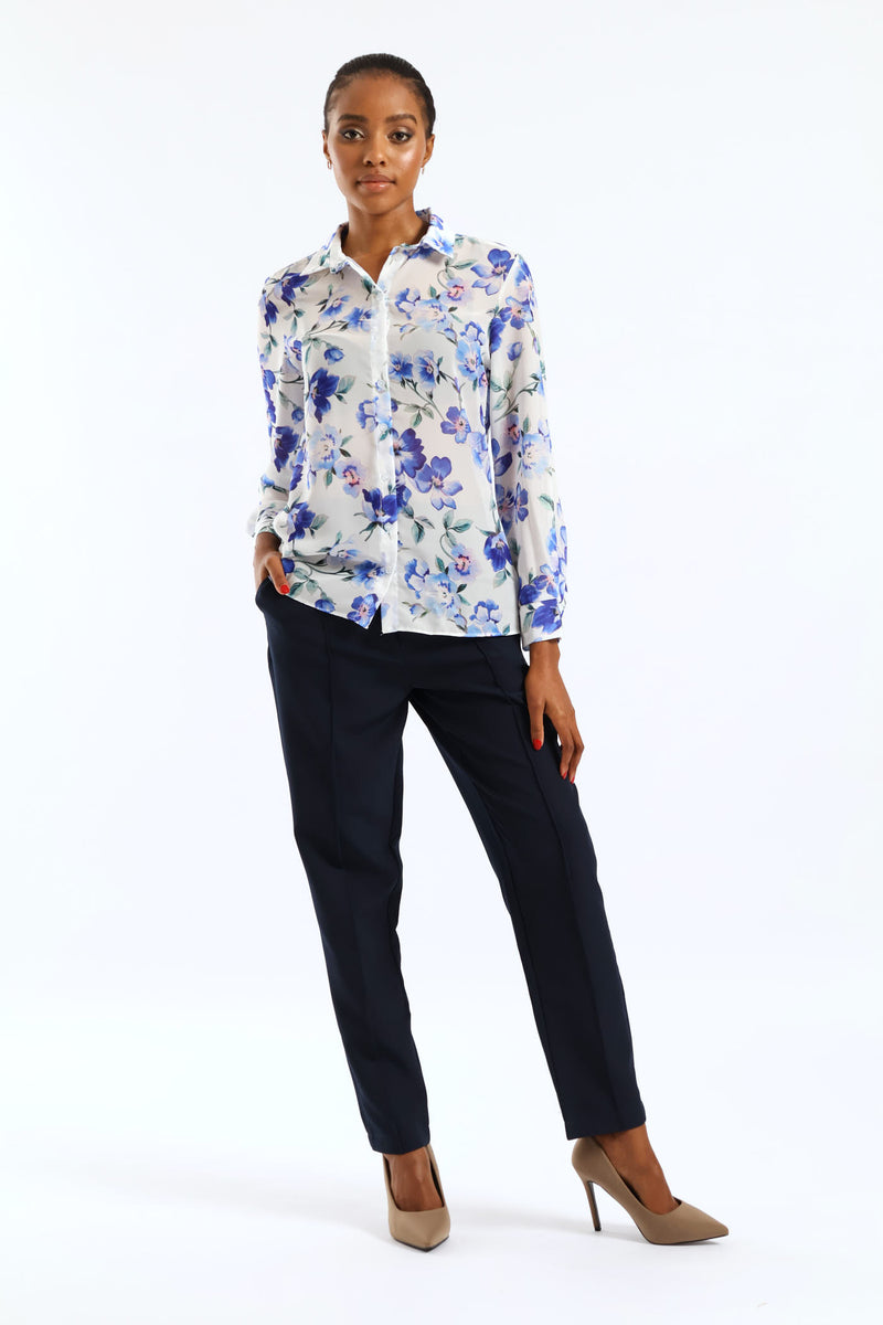 Soft Floral Chiffon Shirt - Cream/Blue
