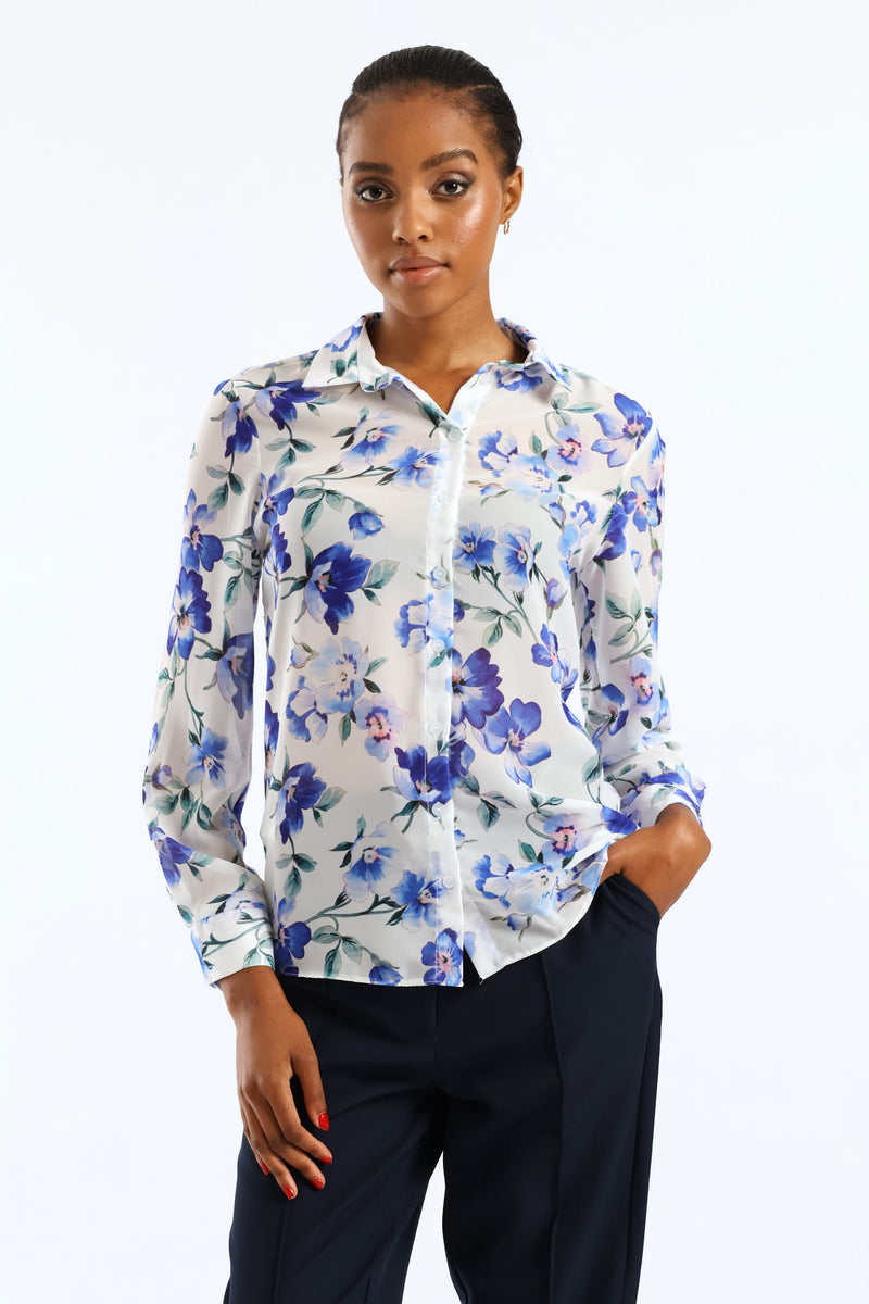 Soft Floral Chiffon Shirt - Cream/Blue