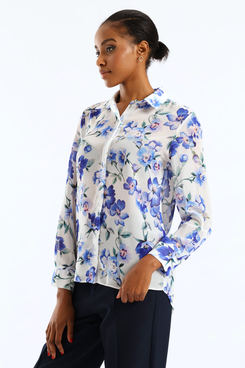 Soft Floral Chiffon Shirt - Cream/Blue