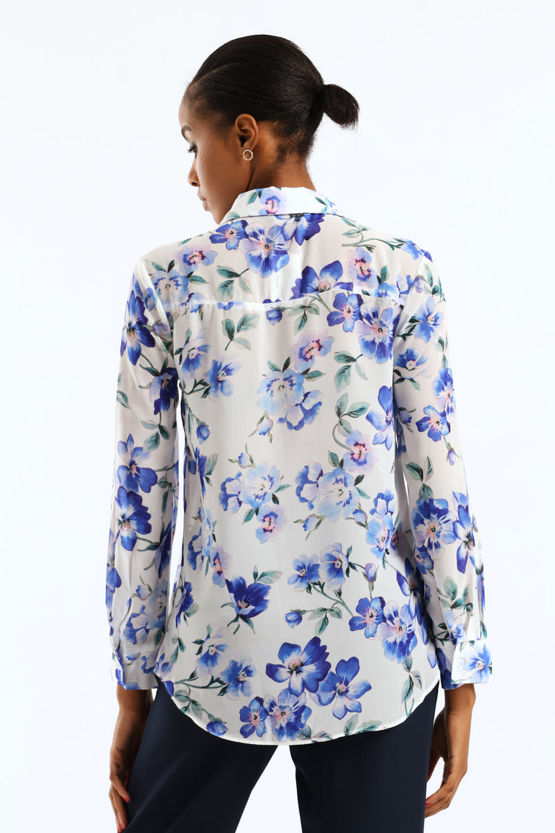 Soft Floral Chiffon Shirt - Cream/Blue