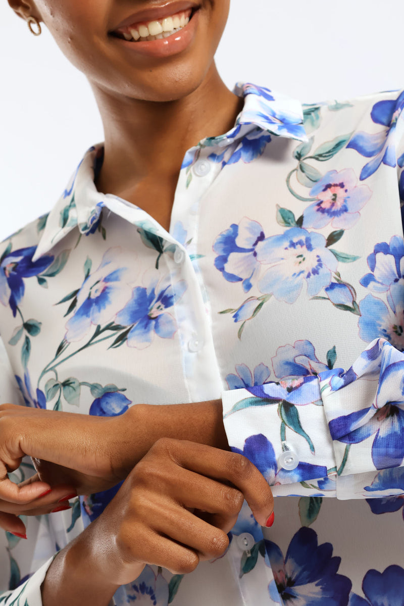 Soft Floral Chiffon Shirt - Cream/Blue