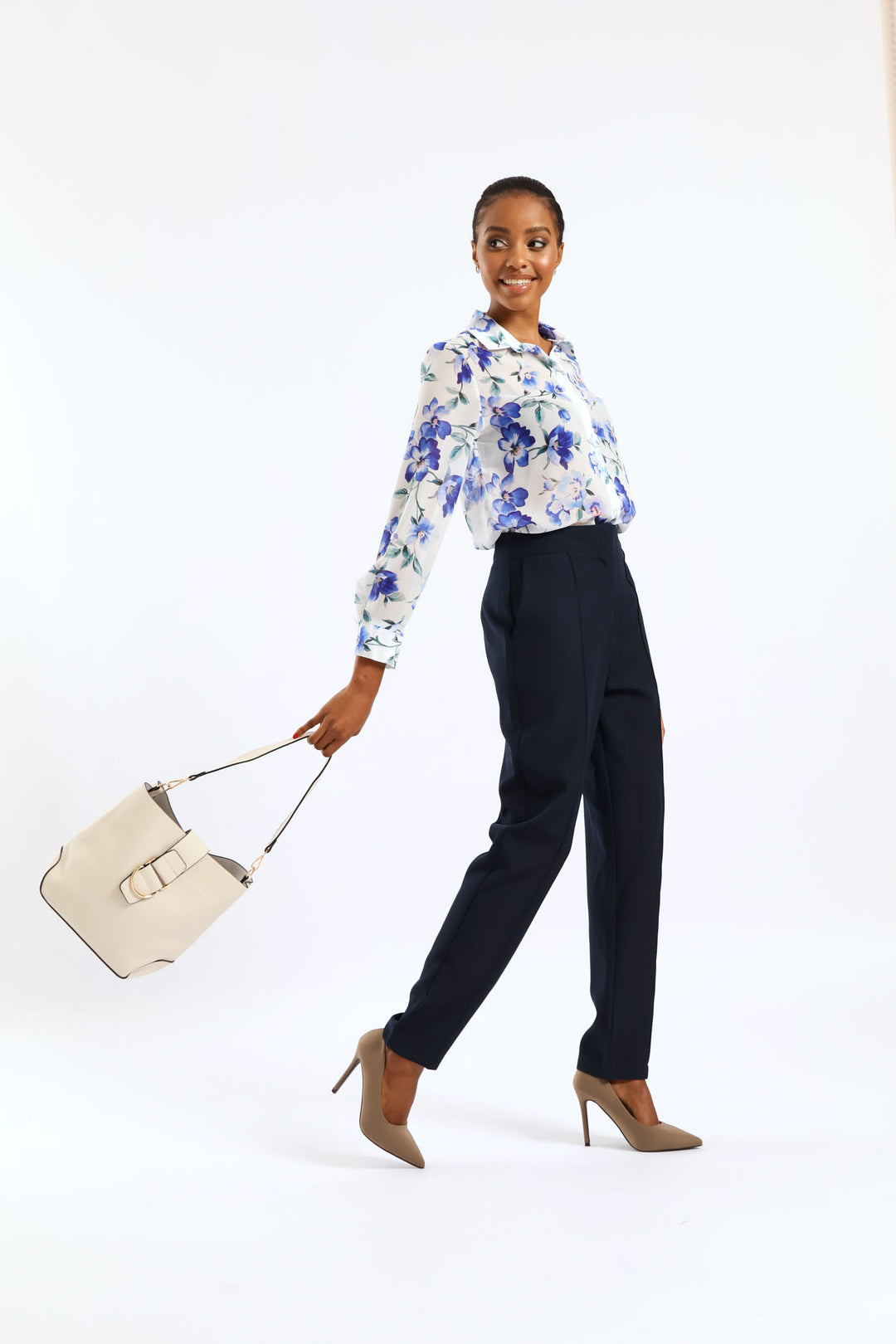 Front Flap Gold Trim Bucket Bag - Cream