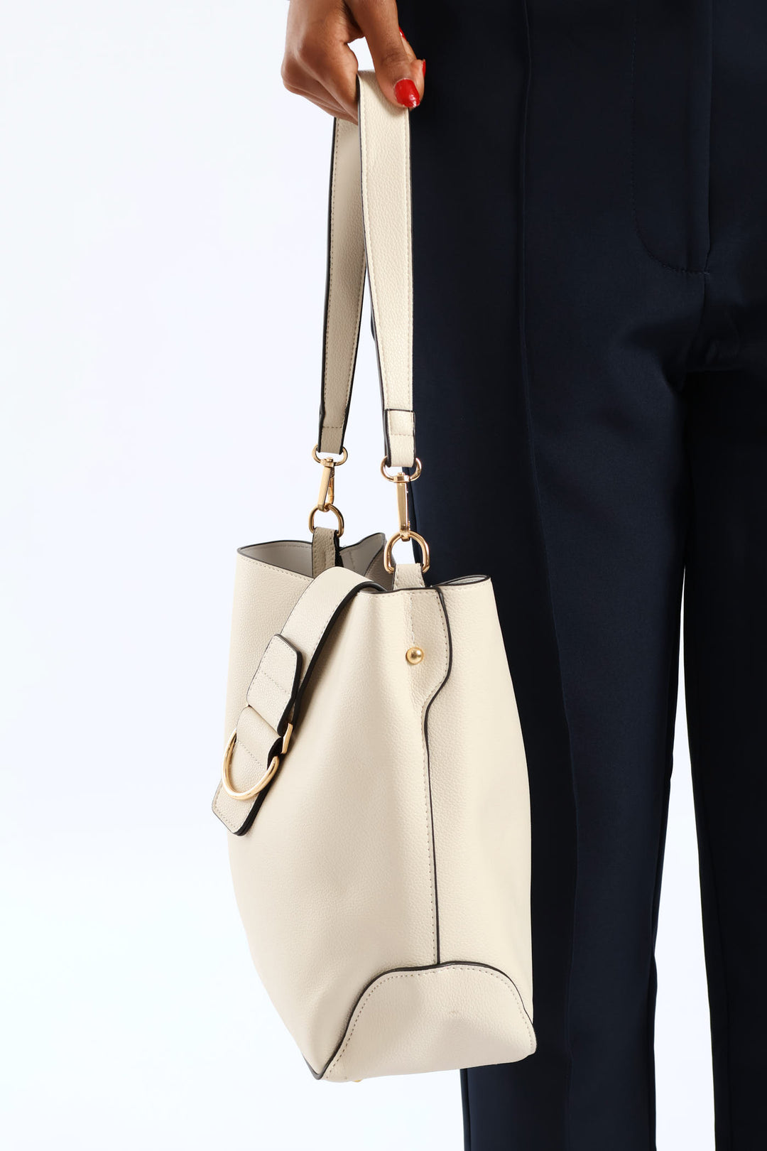 Front Flap Gold Trim Bucket Bag - Cream