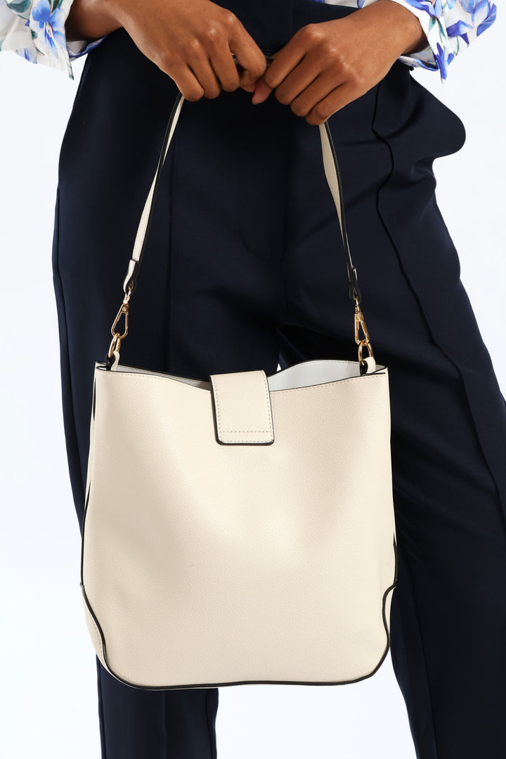 Front Flap Gold Trim Bucket Bag - Cream