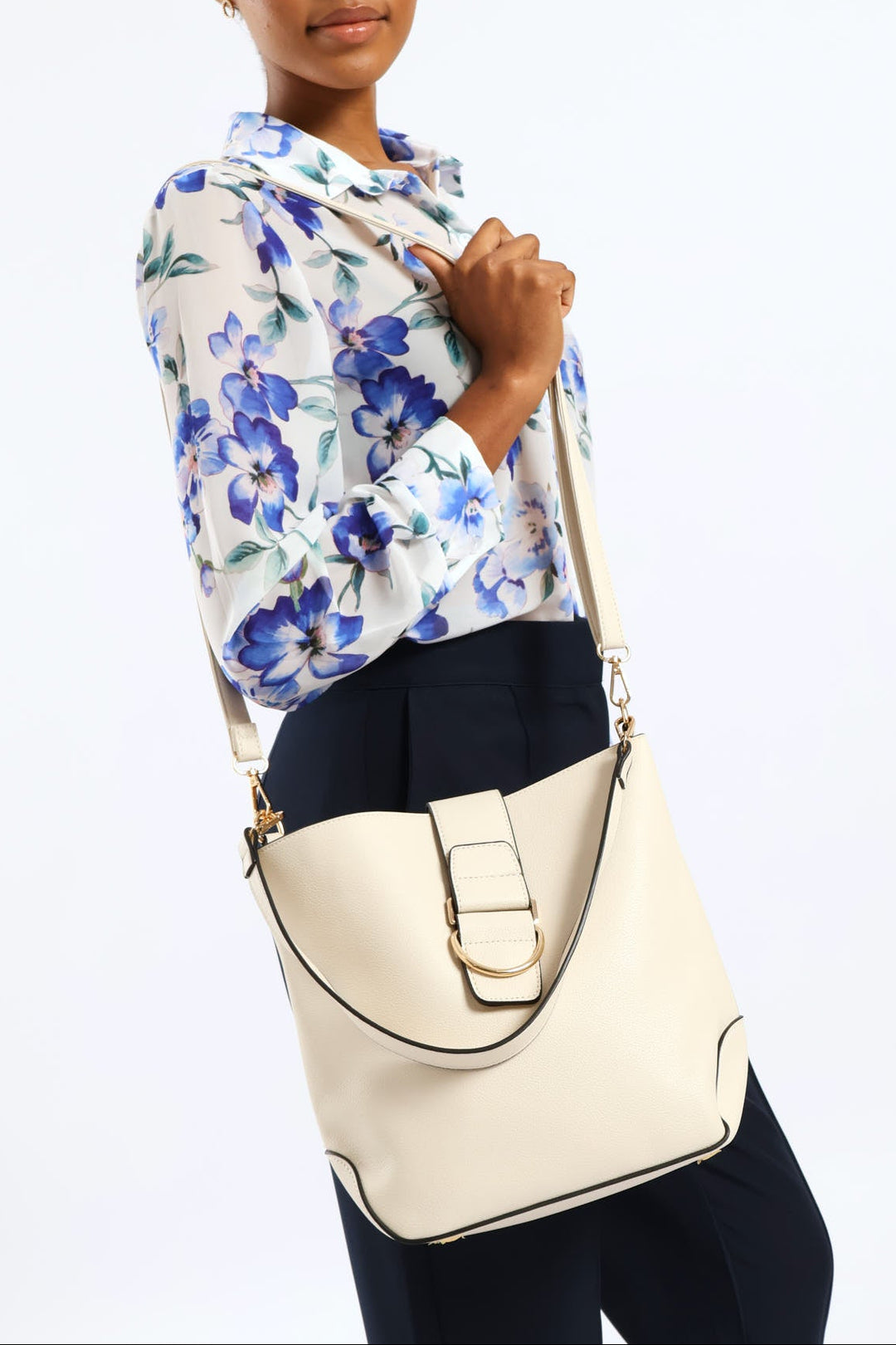 Front Flap Gold Trim Bucket Bag - Cream