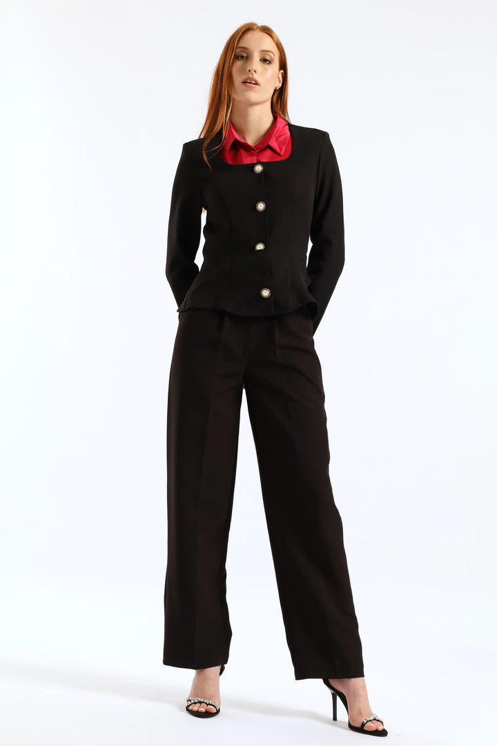 Sqaure Neck Preppy Blazer - Black