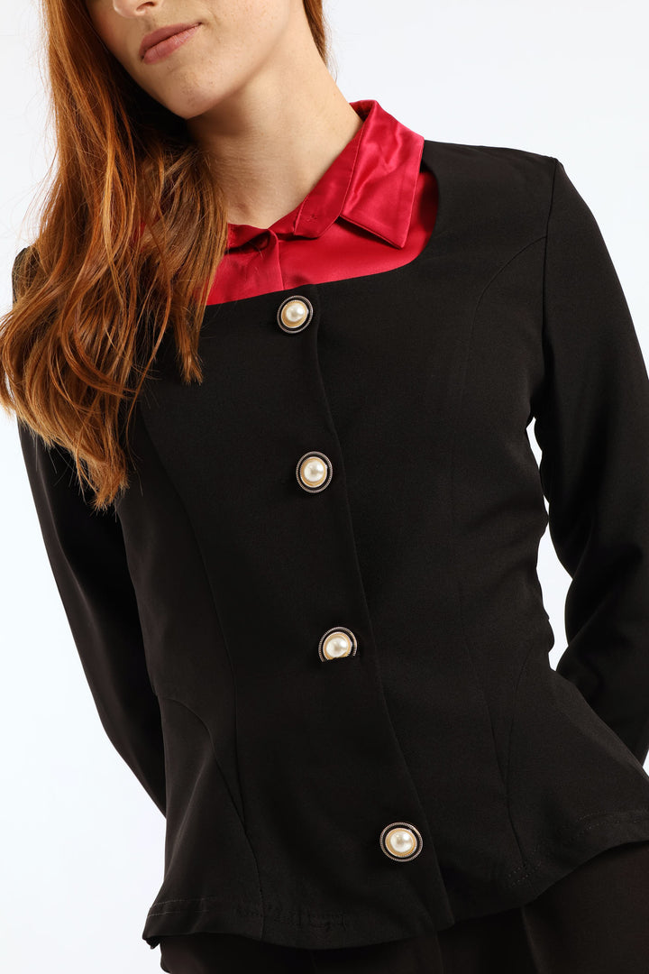 Sqaure Neck Preppy Blazer - Black