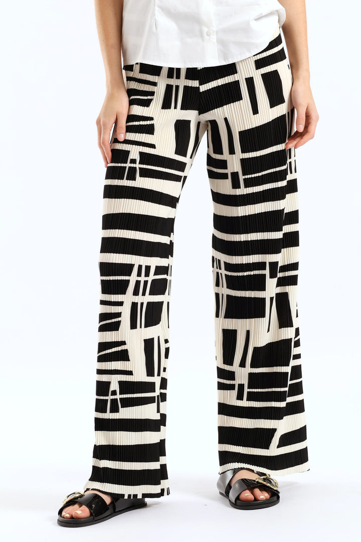 Monochrome Plisse Wide Leg Pant - Black/Cream