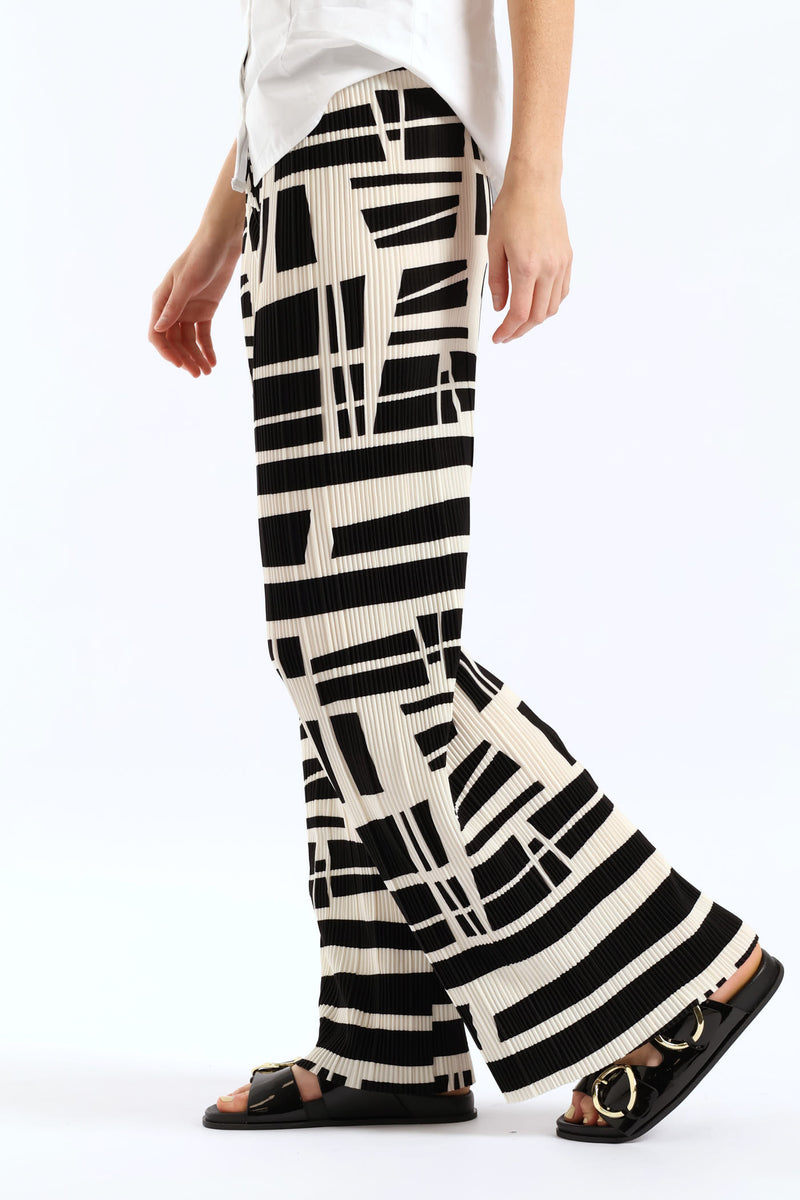 Monochrome Plisse Wide Leg Pant - Black/Cream