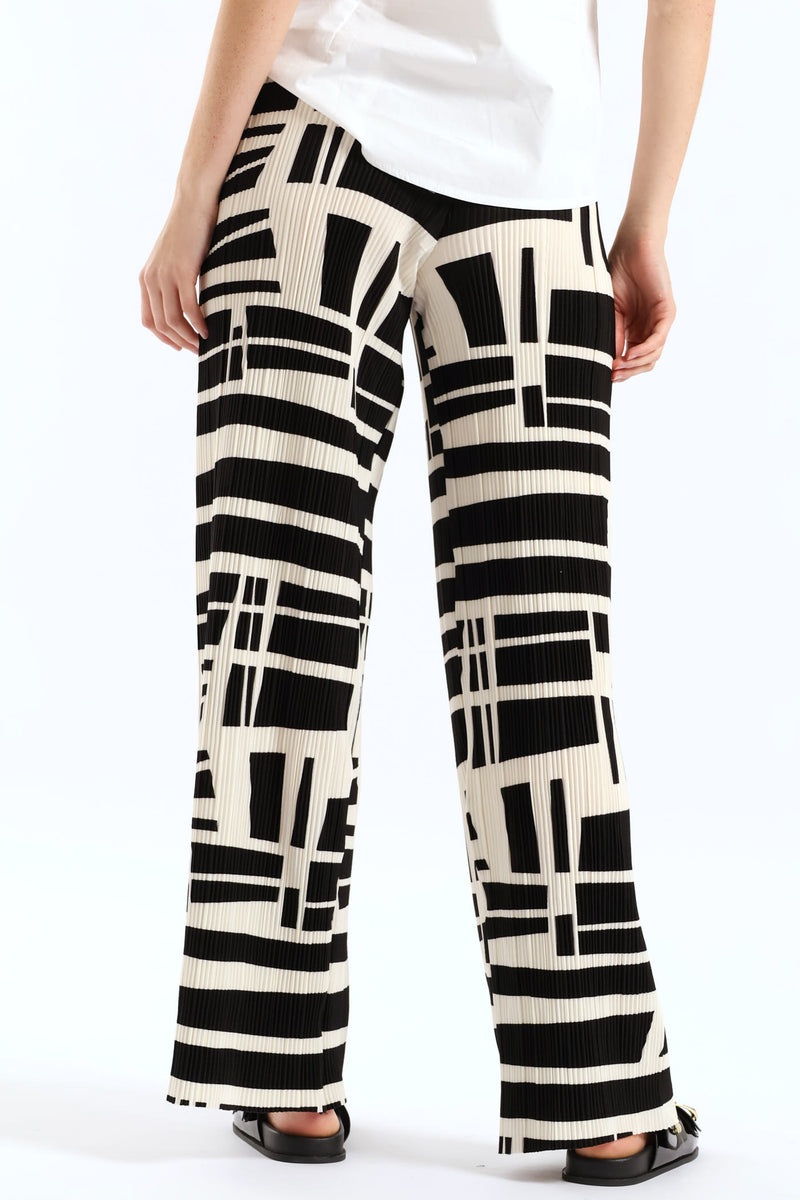Monochrome Plisse Wide Leg Pant - Black/Cream