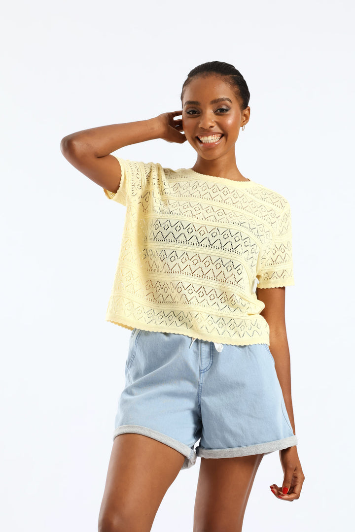 Turnup Knit Denim Mid Thigh Short - Light Wash