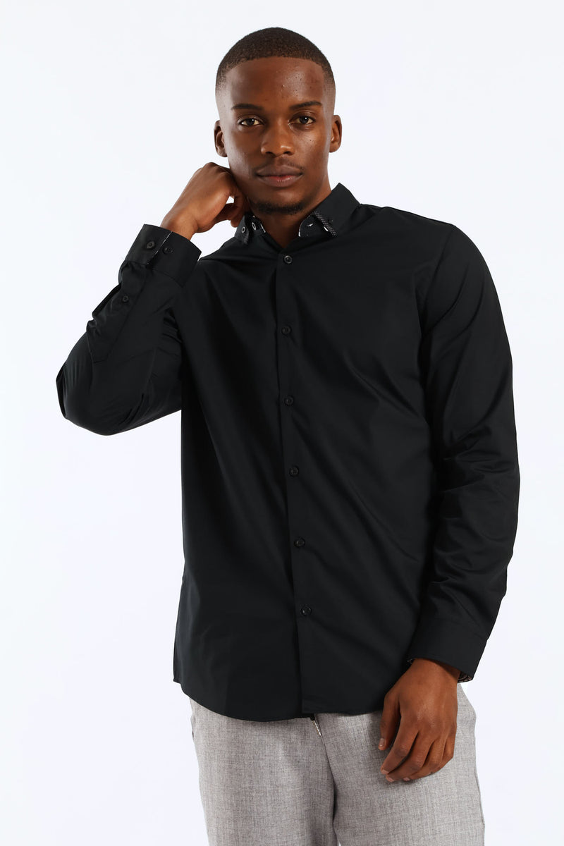 Long Sleeve Slim Contrast Detail Shirt - Black
