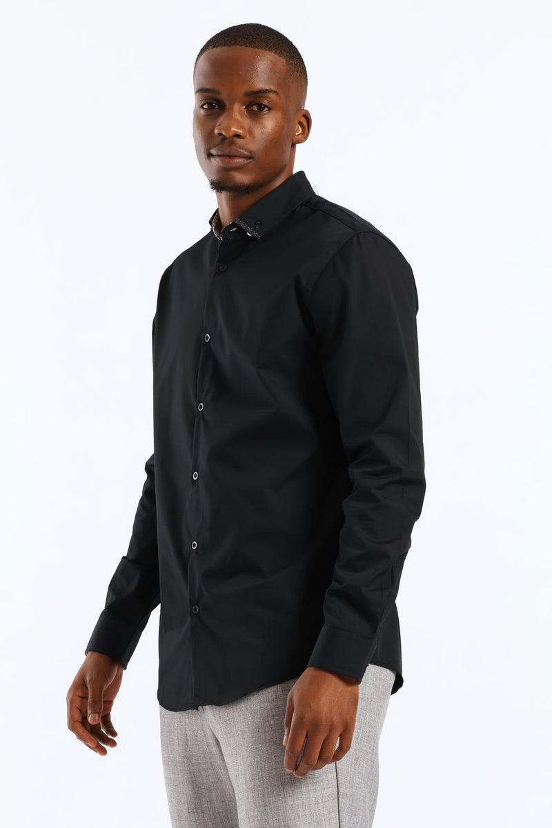 Long Sleeve Slim Contrast Detail Shirt - Black