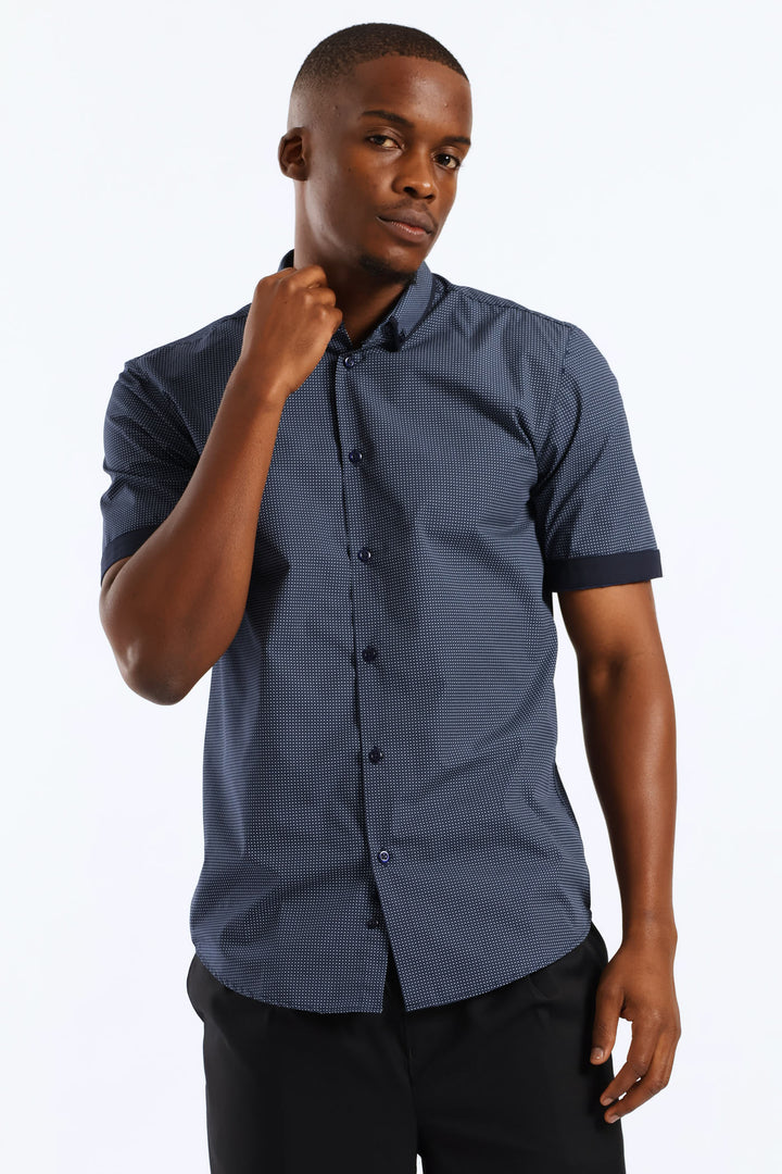 Slim Contrast Detail Spot Print Shirt - Navy