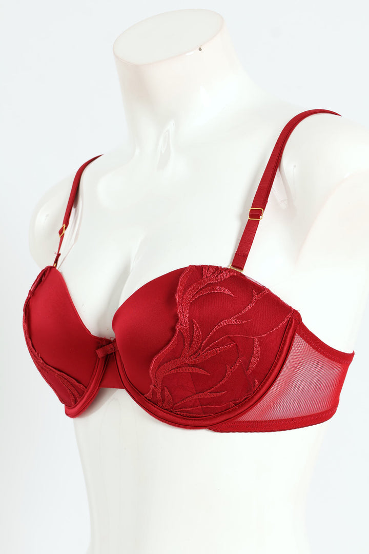 Cloth & Embroidred Balconette Bra - Red