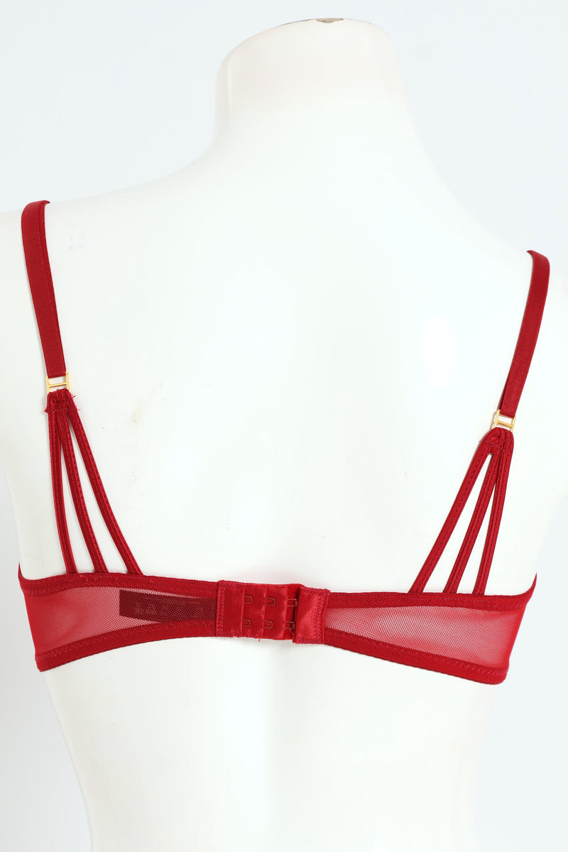 Cloth & Embroidred Balconette Bra - Red