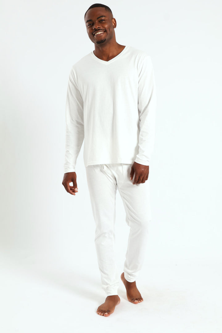 Winter Long Sleeve Cotton Thermal V-Neck Tee - White