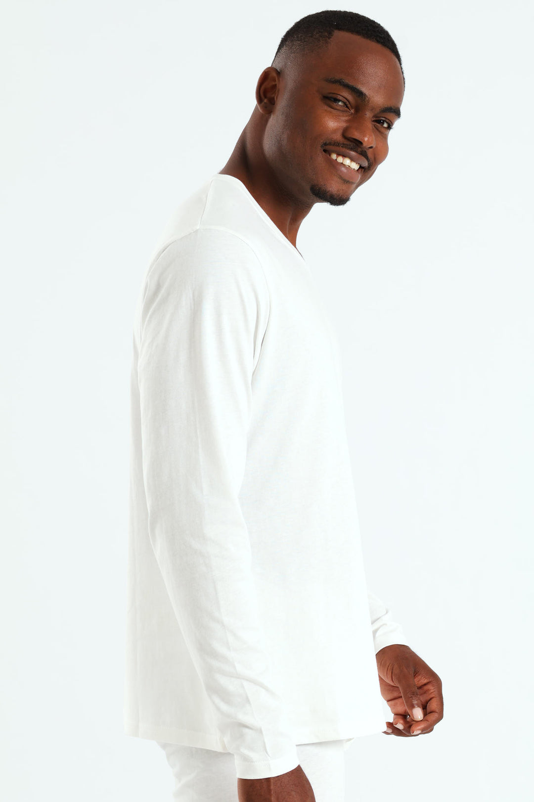 Winter Long Sleeve Cotton Thermal V-Neck Tee - White