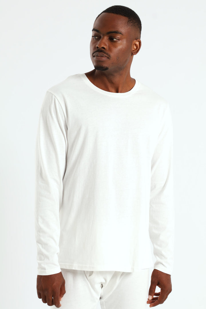 Winter Long Sleeve Cotton Thermal Crew Neck Tee - White