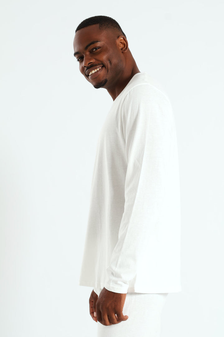 Winter Long Sleeve Cotton Thermal Crew Neck Tee - White