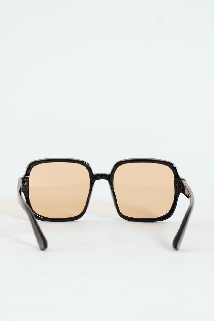 Retro Square Brown Lens Sunglasses - Black