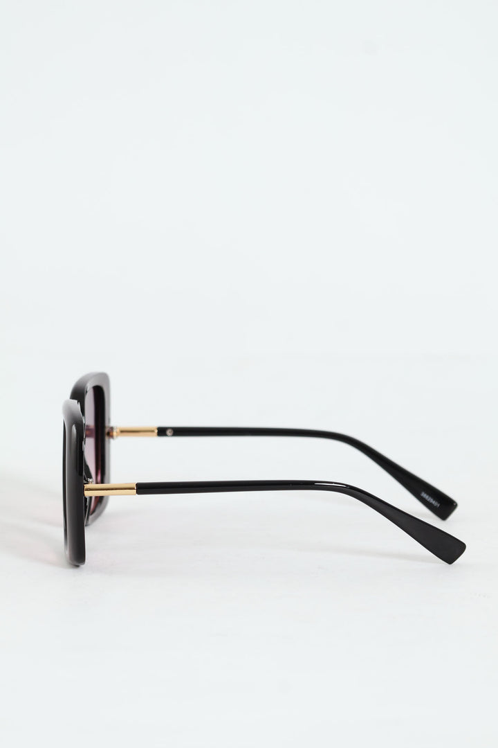 Square Frame Smokey Purple Lens Sunglasses - Black