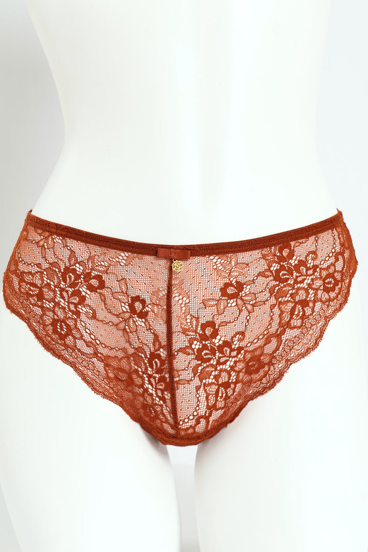 Lace High Waist Thong Panty - Rust