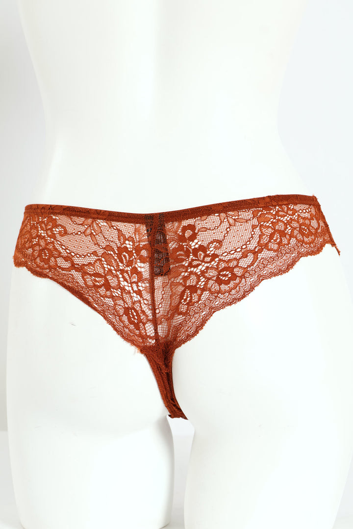 Lace High Waist Thong Panty - Rust