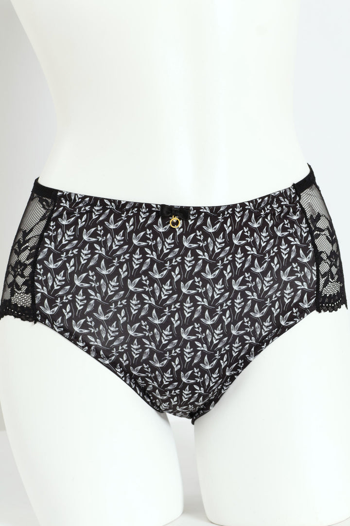 Floral Print Lace Back Boyleg Panty - Black