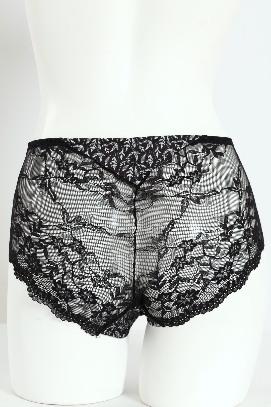 Floral Print Lace Back Boyleg Panty - Black