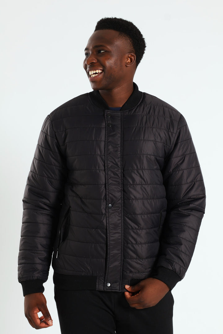 Quilted Press Stud Sherpa Lined Bomber - Black