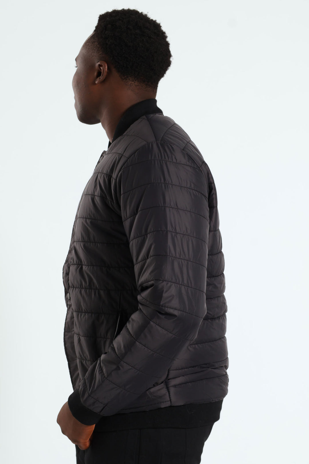 Quilted Press Stud Sherpa Lined Bomber - Black