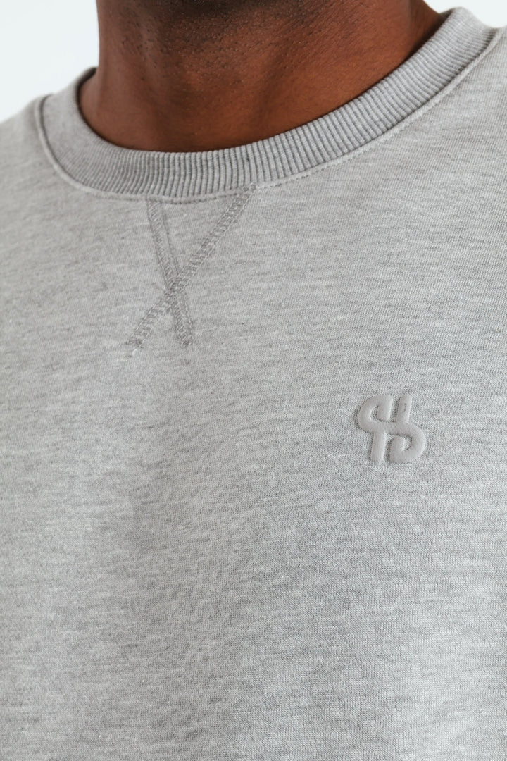 Plain Crew Fleece Sweat Top - Grey Melange