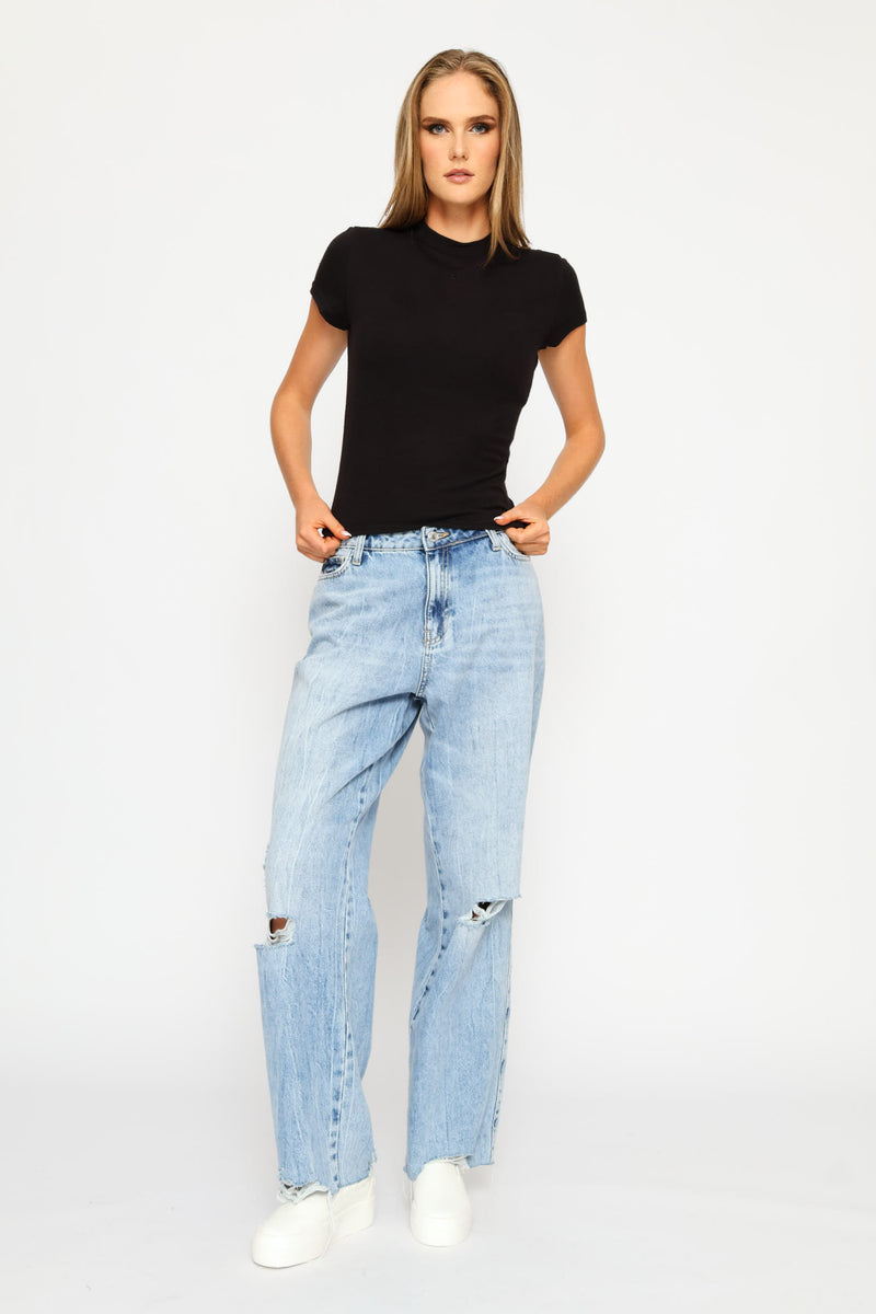 Short Sleeve Licia Mock Neck Top - Black