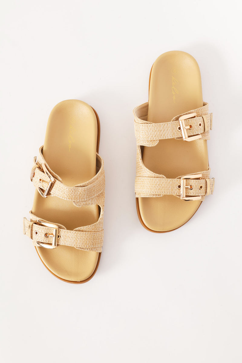 Fashion Slide With Square Buckle Detail - Natural