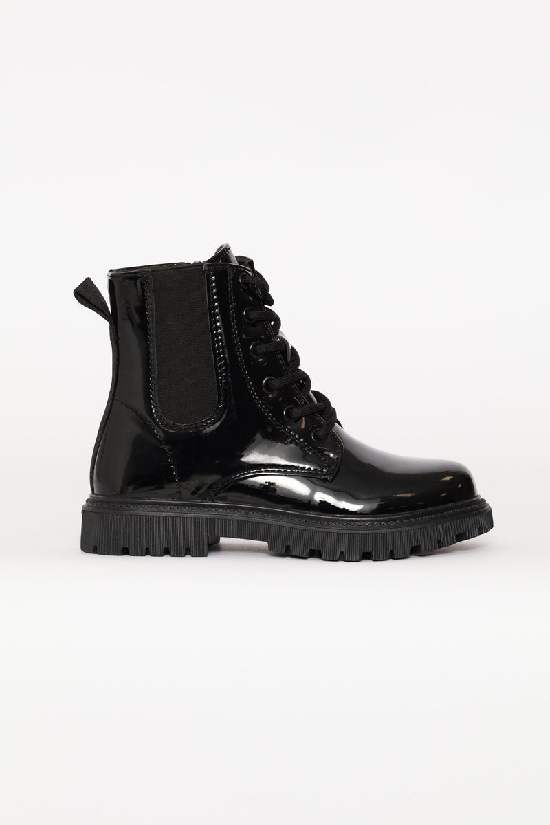 Girls Patent Military Boot - Black