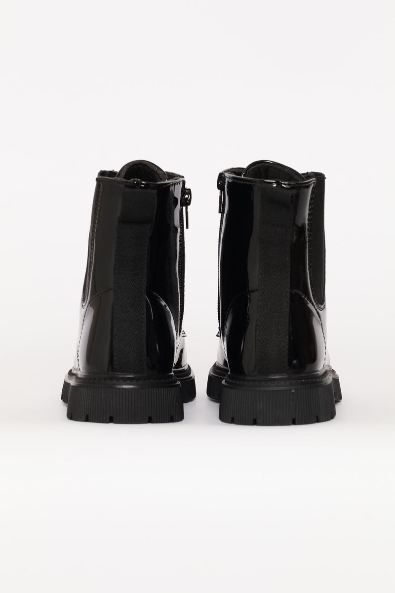 Girls Patent Military Boot - Black
