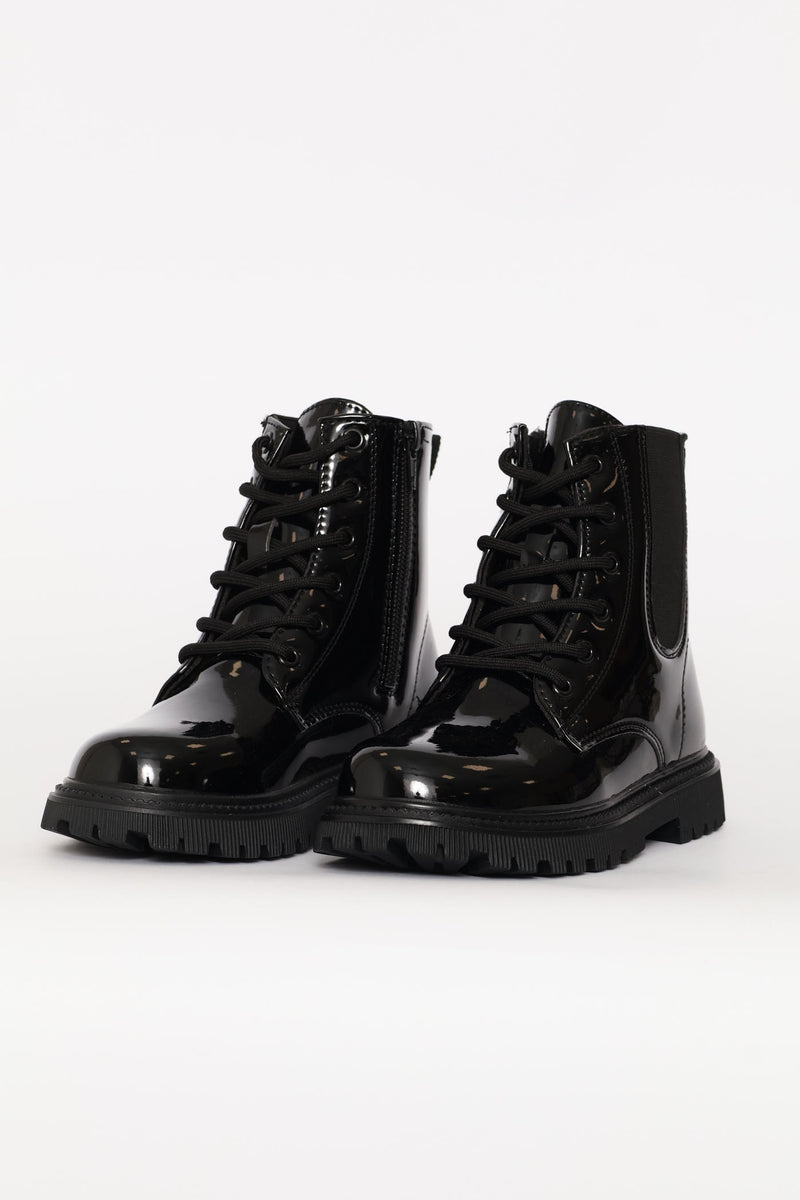 Girls Patent Military Boot - Black